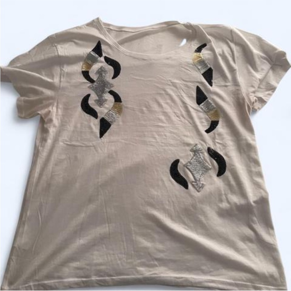 White T-Shirt with Black and Silver Accents